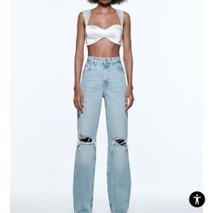 Zara high rise ripped wide leg jeans in color light blue